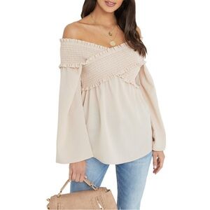 Vici dusty pink Ascension Smocked Cross Off The Shoulder Top Size L NWOT